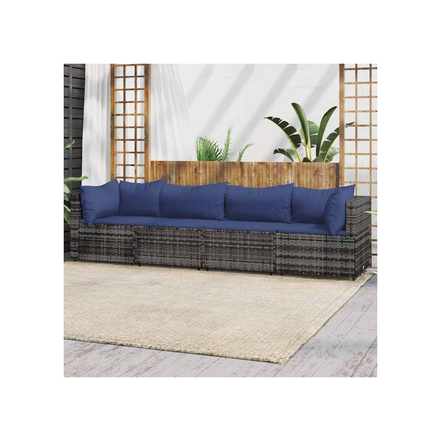 Salon de jardin 4 pcs avec coussins Gris Résine tressée