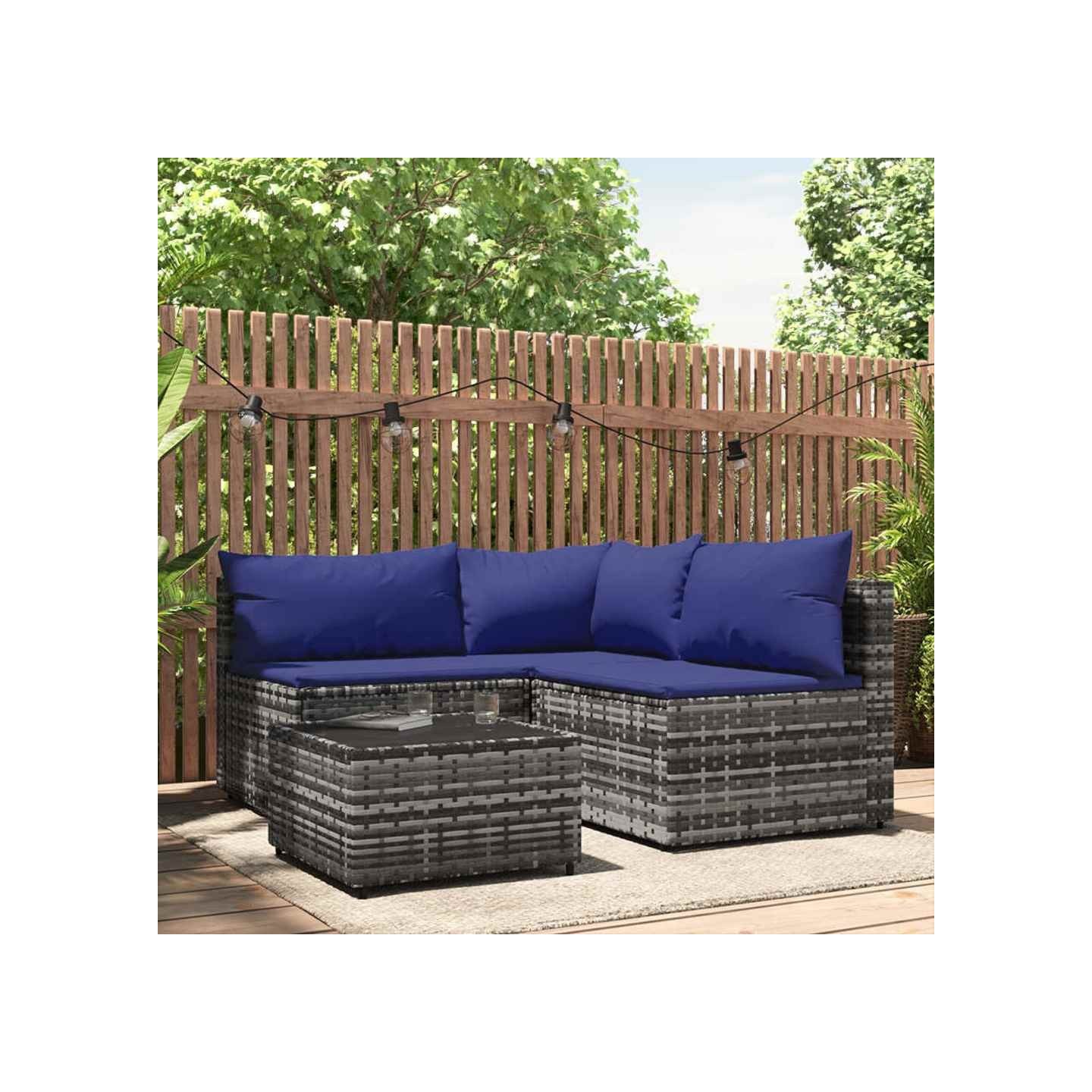 Salon de jardin 4 pcs avec coussins Gris Résine tressée