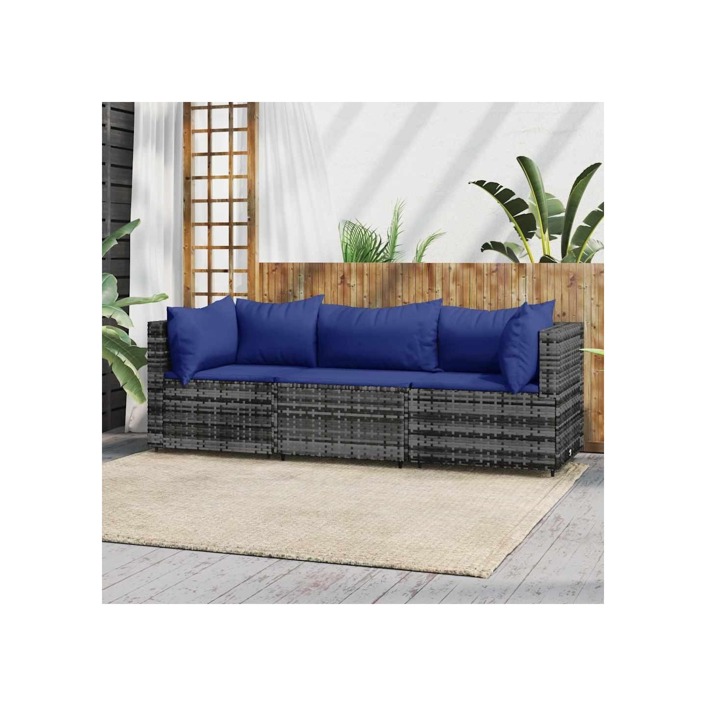Salon de jardin 3 pcs avec coussins Gris Résine tressée