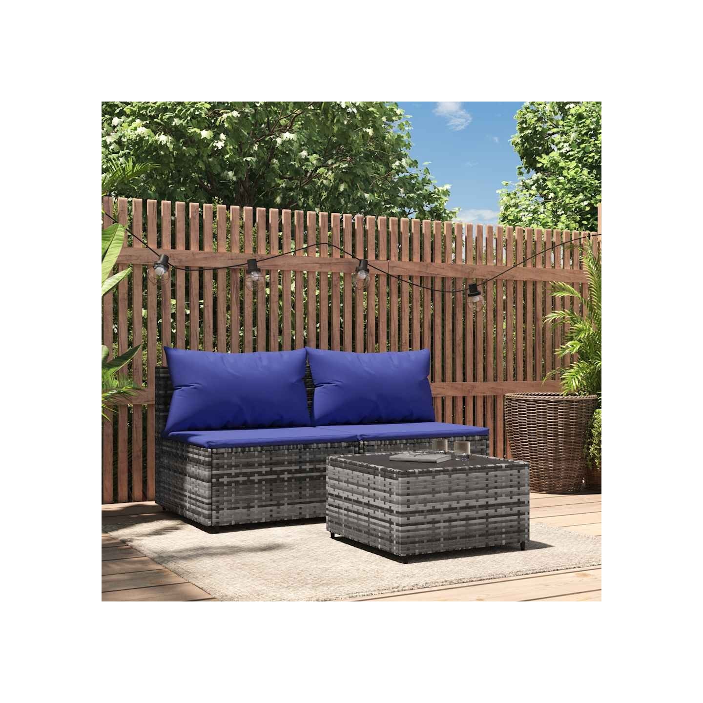 Salon de jardin 3 pcs avec coussins Gris Résine tressée
