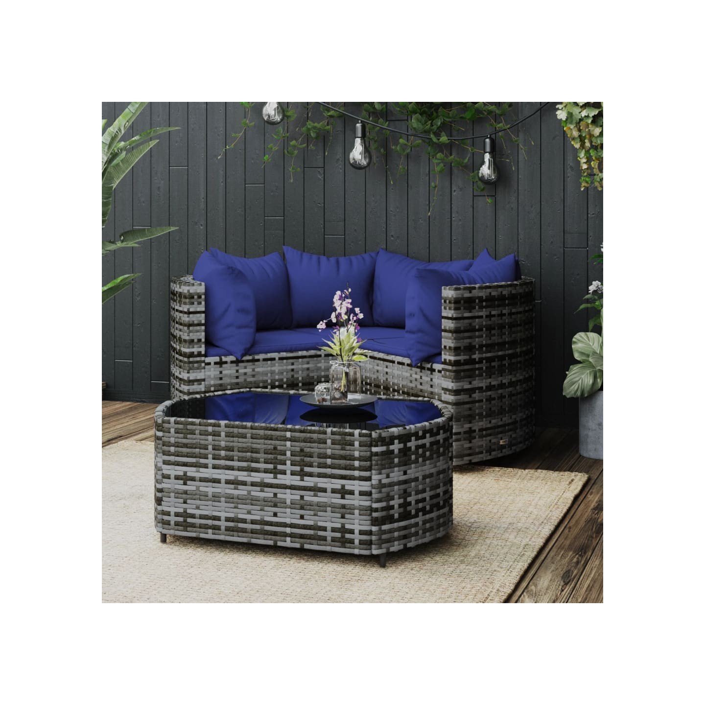 Salon de jardin 4 pcs avec coussins Gris Résine tressée