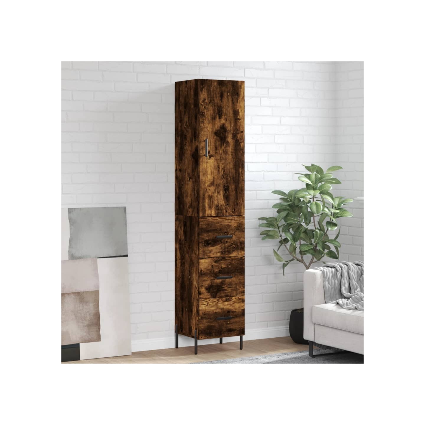 Buffet haut Chêne fumé 34,5x34x180 cm Bois d'ingénierie