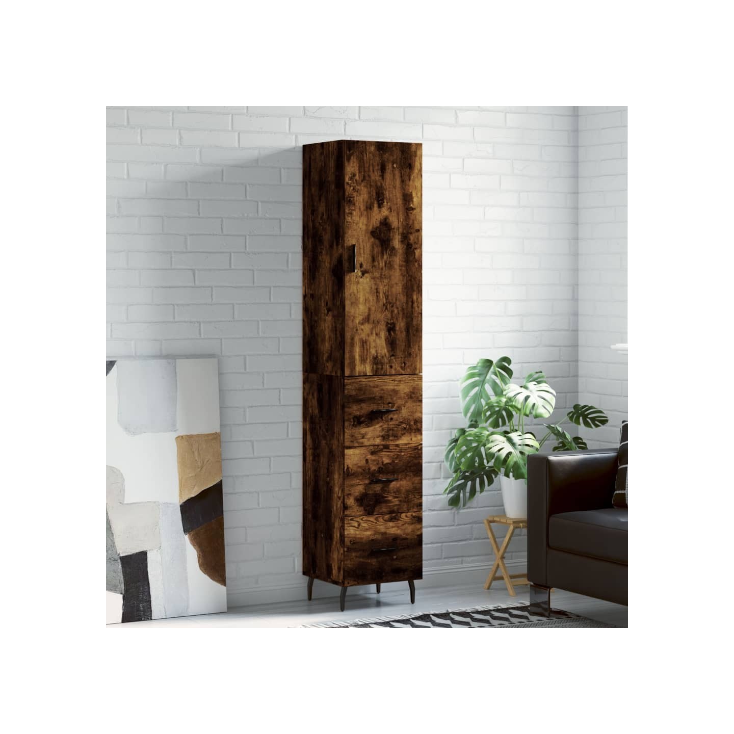 Buffet haut Chêne fumé 34,5x34x180 cm Bois d'ingénierie