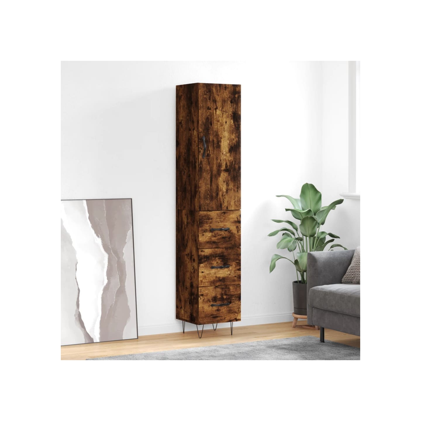 Buffet haut Chêne fumé 34,5x34x180 cm Bois d'ingénierie