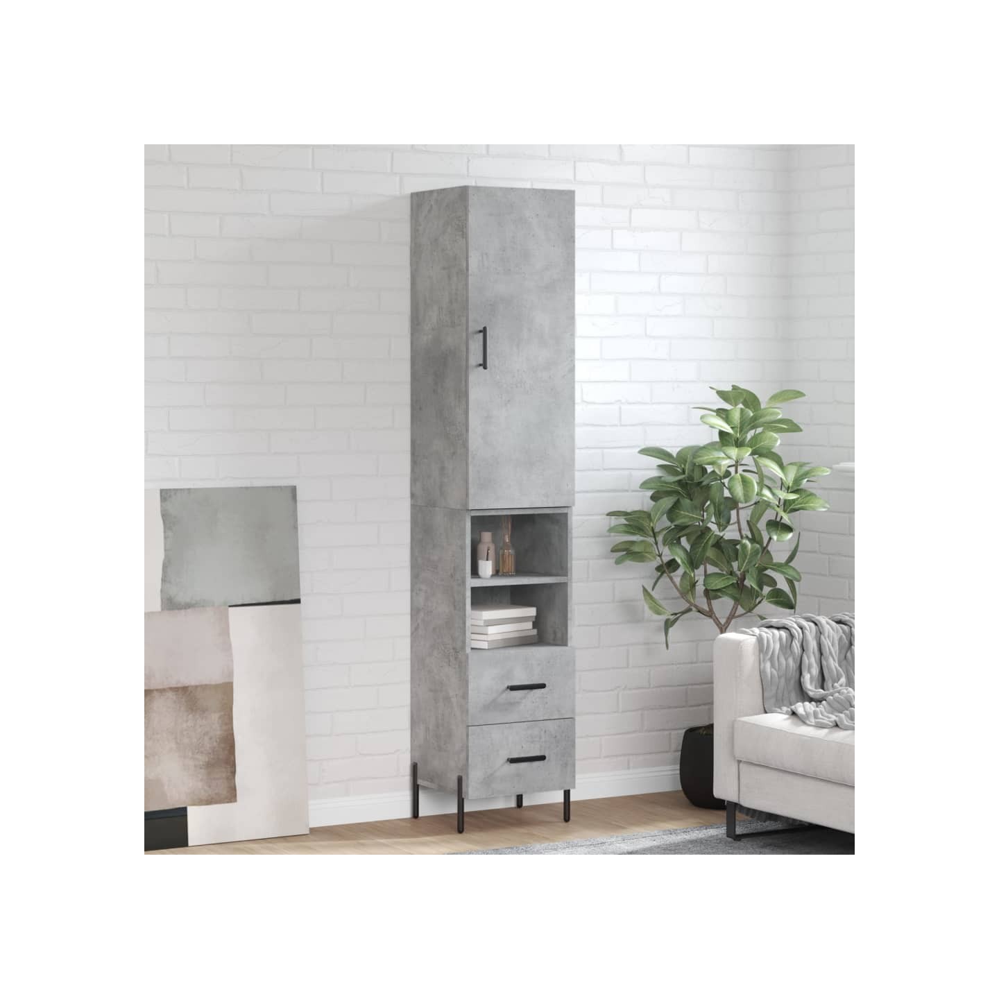 Buffet haut Gris béton 34,5x34x180 cm Bois d'ingénierie