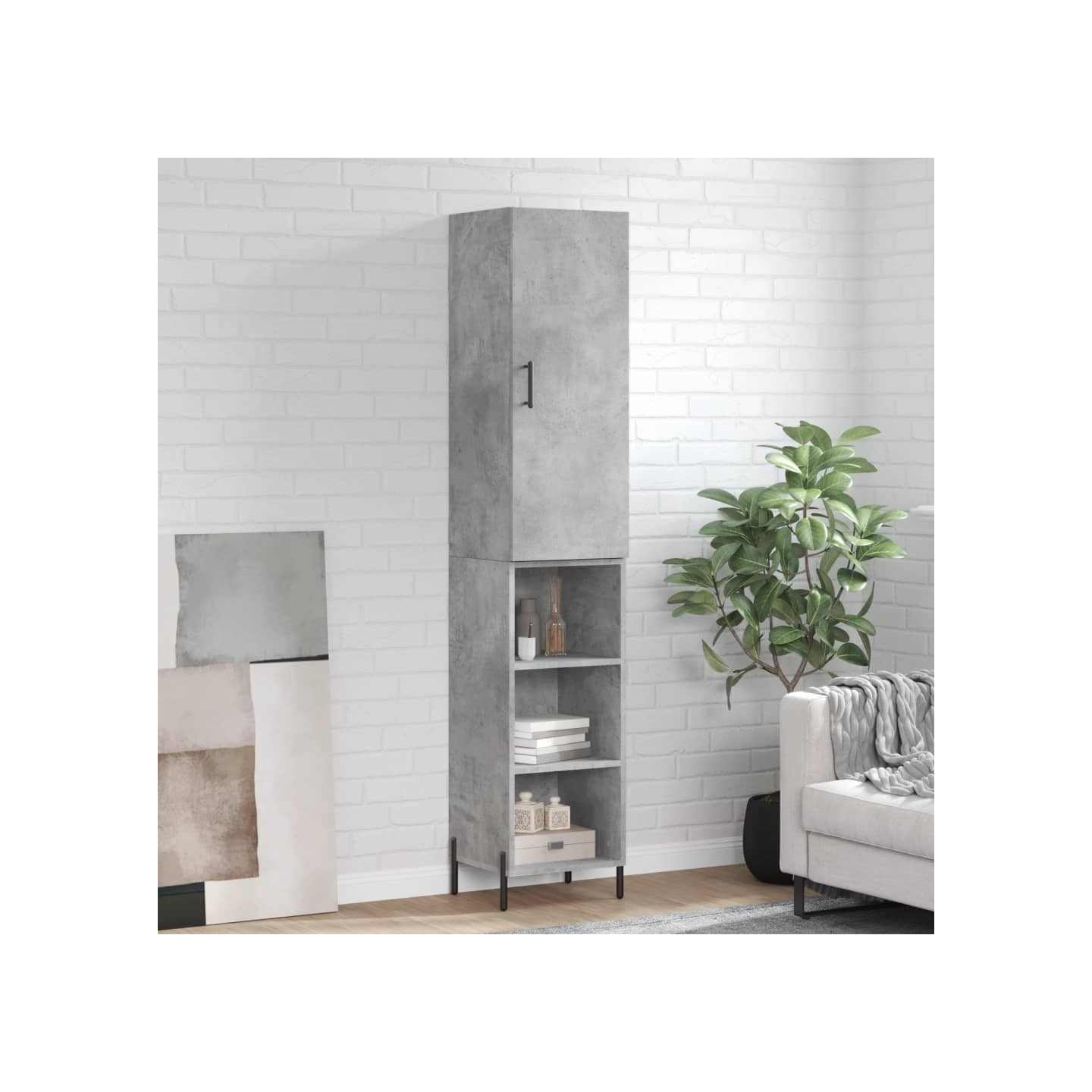Buffet haut Gris béton 34,5x34x180 cm Bois d'ingénierie