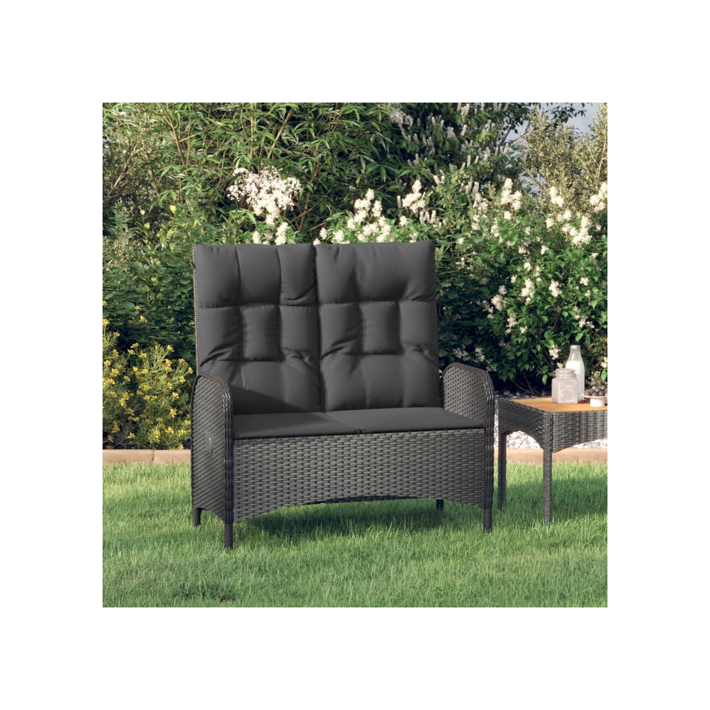 Banc de jardin inclinable avec coussins 107 cm Poly rotin Noir