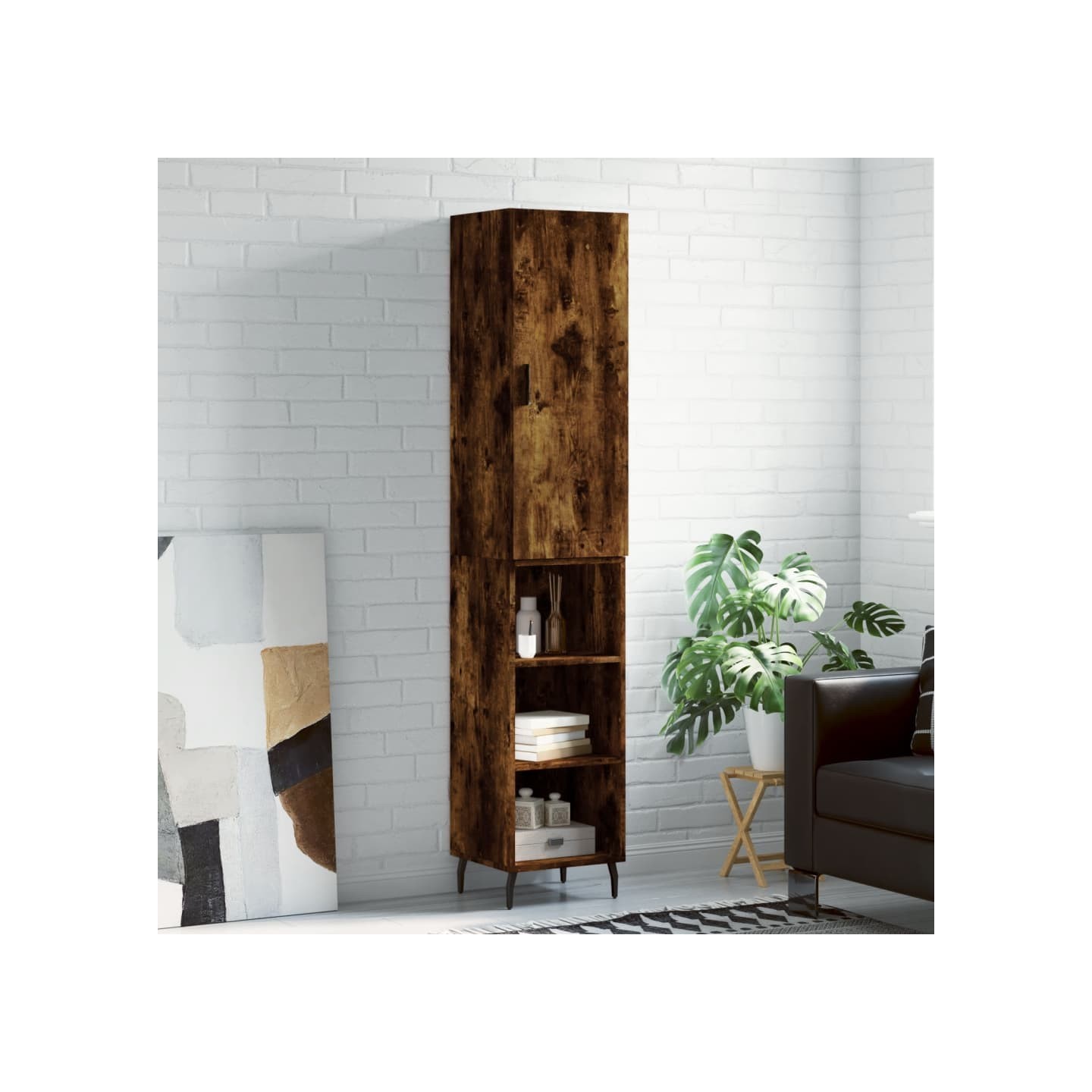 Buffet haut Chêne fumé 34,5x34x180 cm Bois d'ingénierie