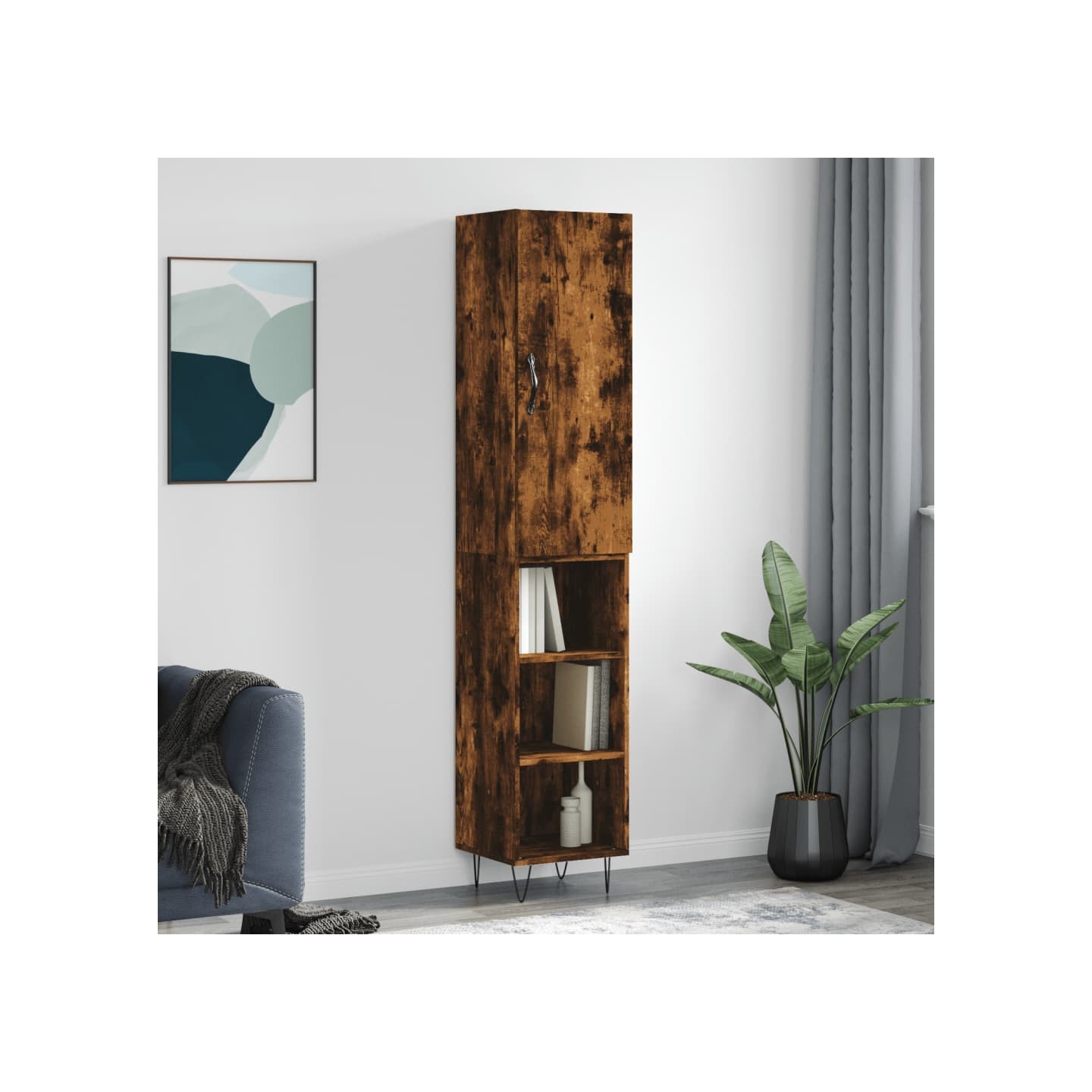 Buffet haut Chêne fumé 34,5x34x180 cm Bois d'ingénierie
