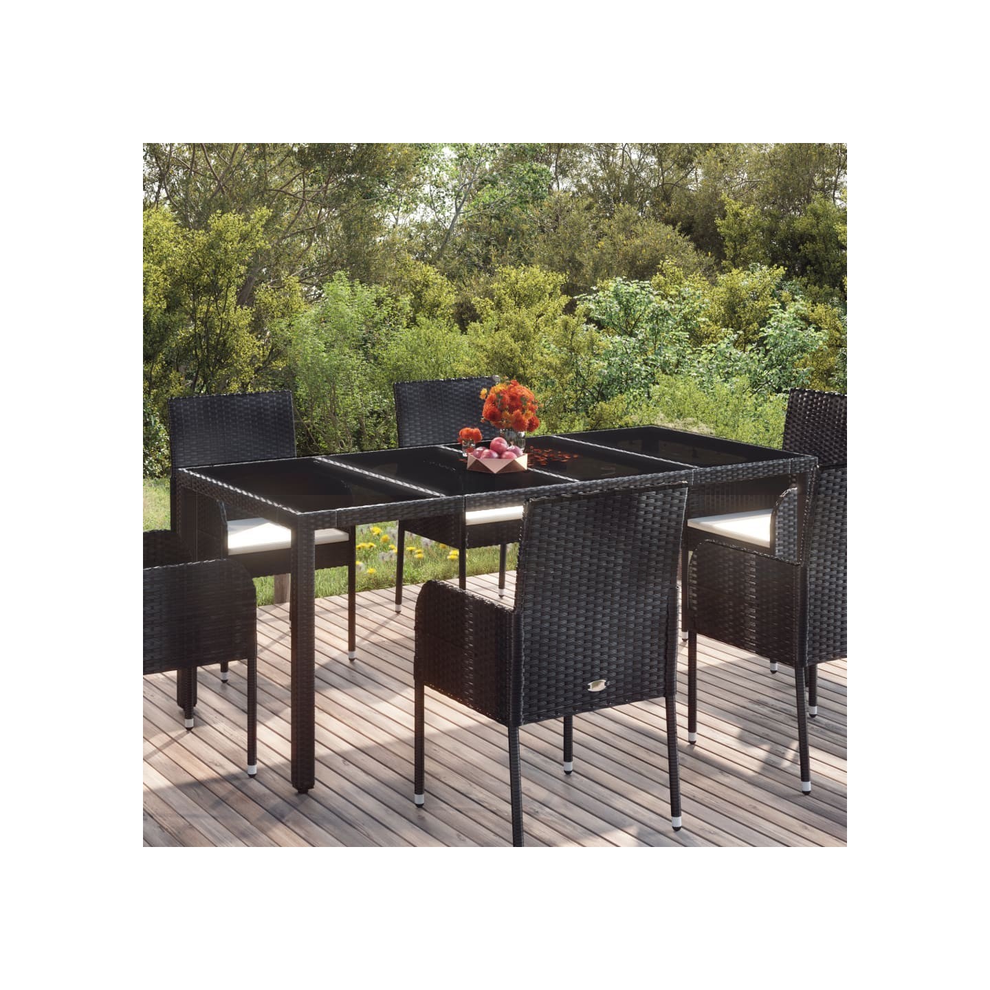 Table de jardin dessus en verre Noir 190x90x75cm Résine tressée