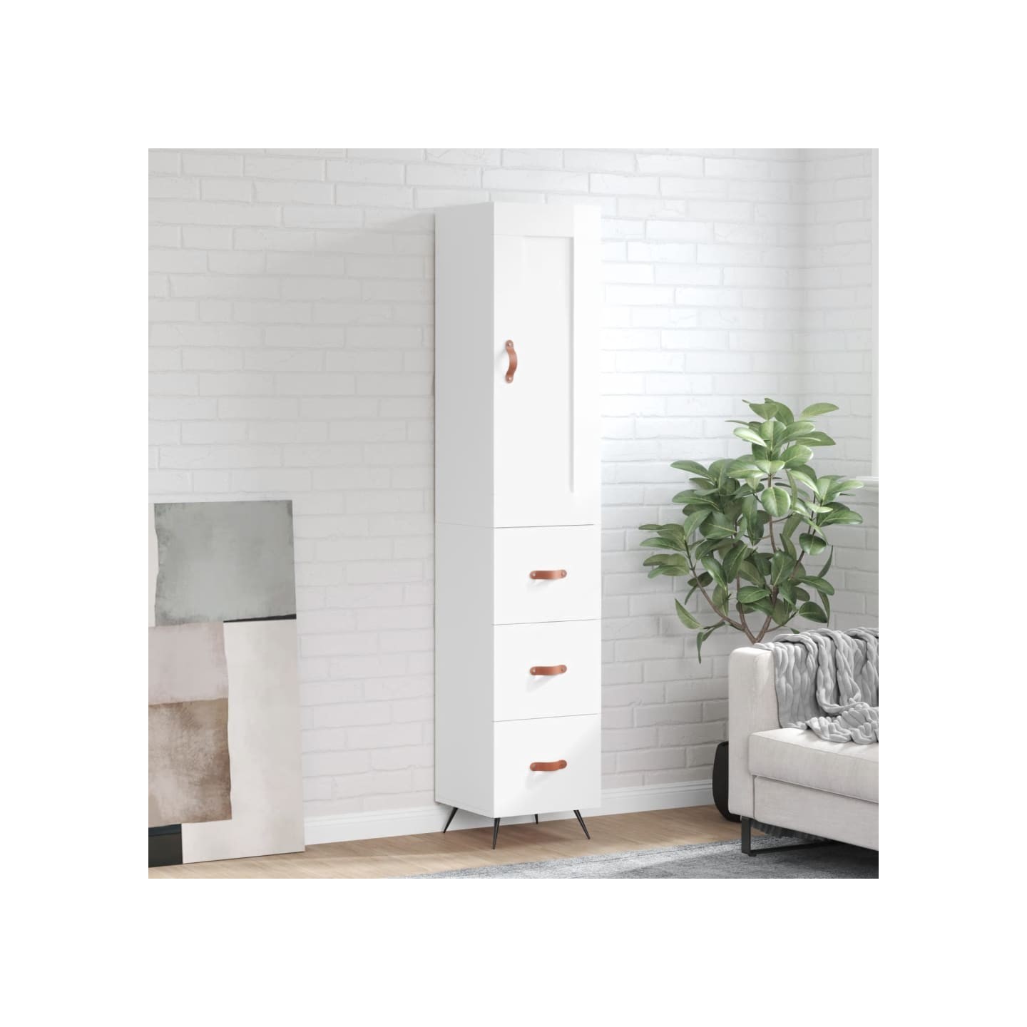 Buffet haut Blanc brillant 34,5x34x180 cm Bois d'ingénierie