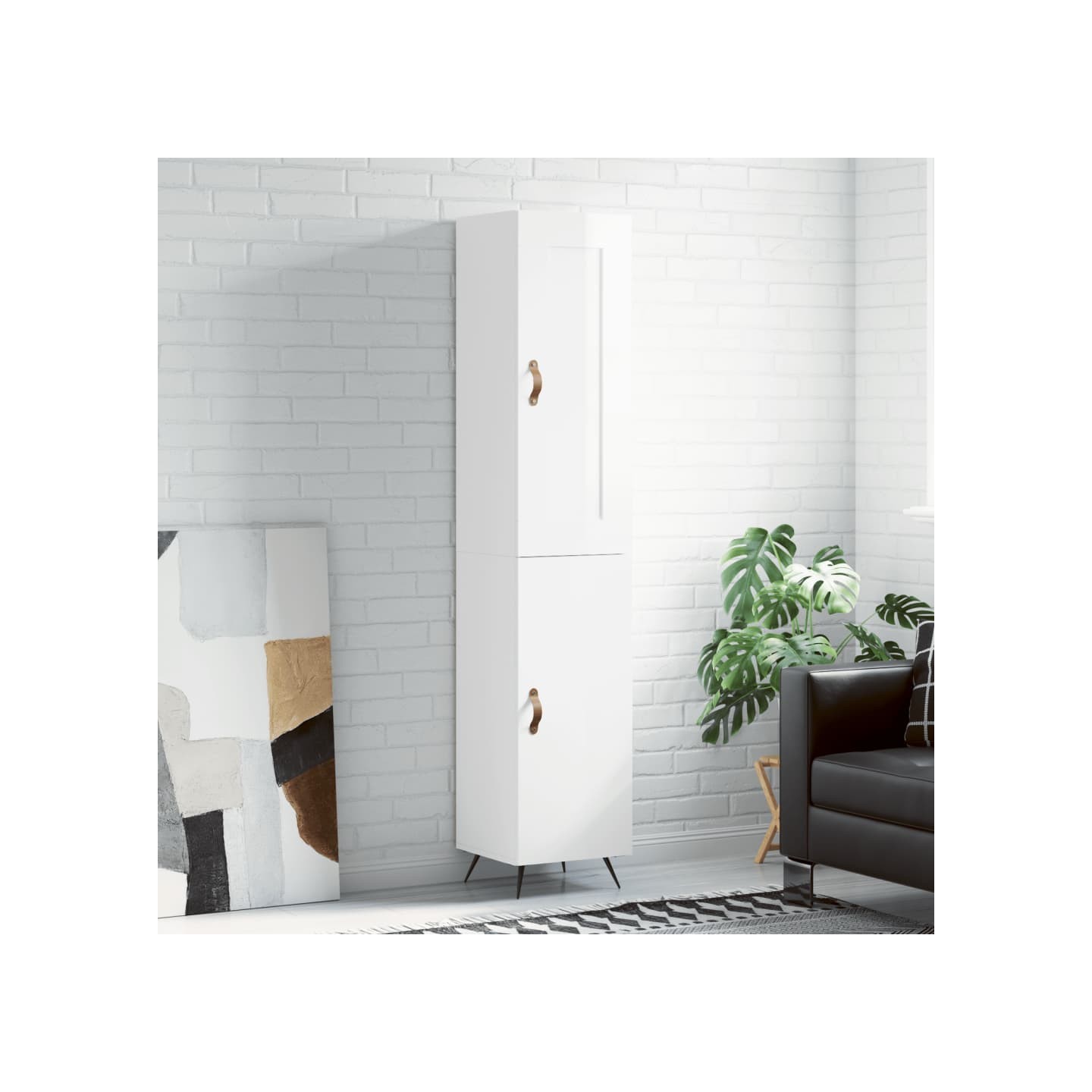 Buffet haut Blanc brillant 34,5x34x180 cm Bois d'ingénierie