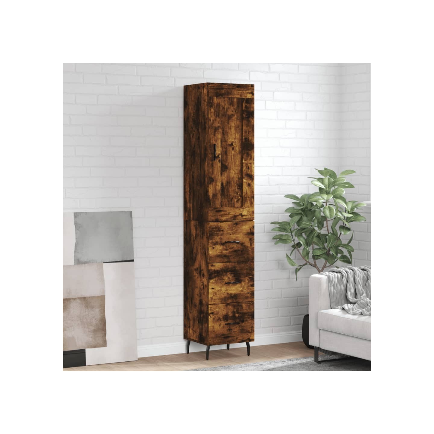 Buffet haut Chêne fumé 34,5x34x180 cm Bois d'ingénierie
