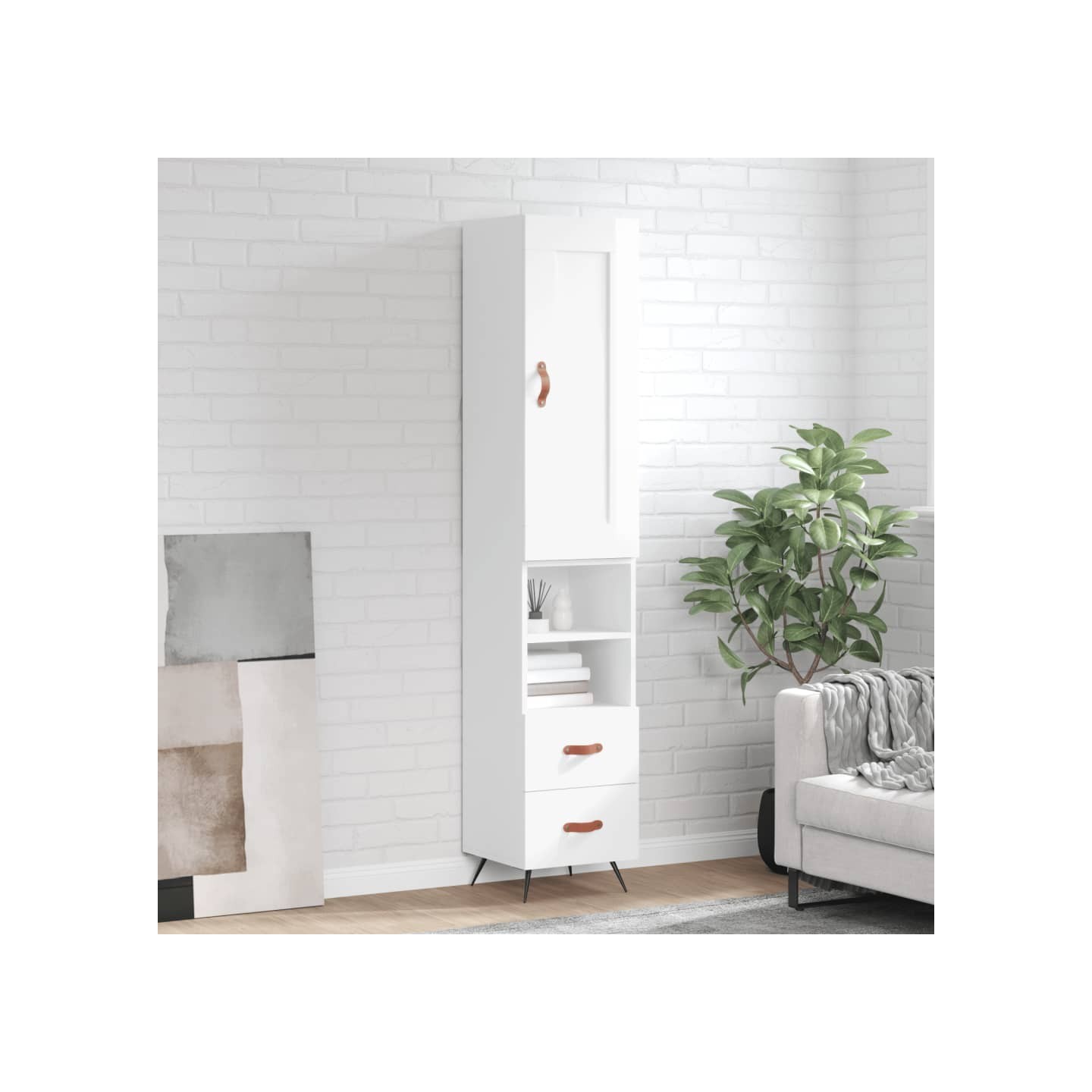 Buffet haut Blanc brillant 34,5x34x180 cm Bois d'ingénierie
