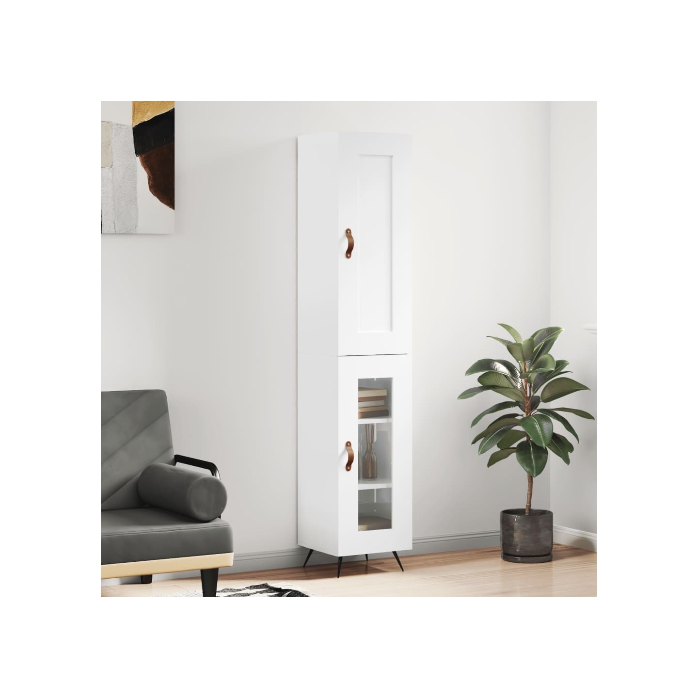 Buffet haut Blanc brillant 34,5x34x180 cm Bois d'ingénierie