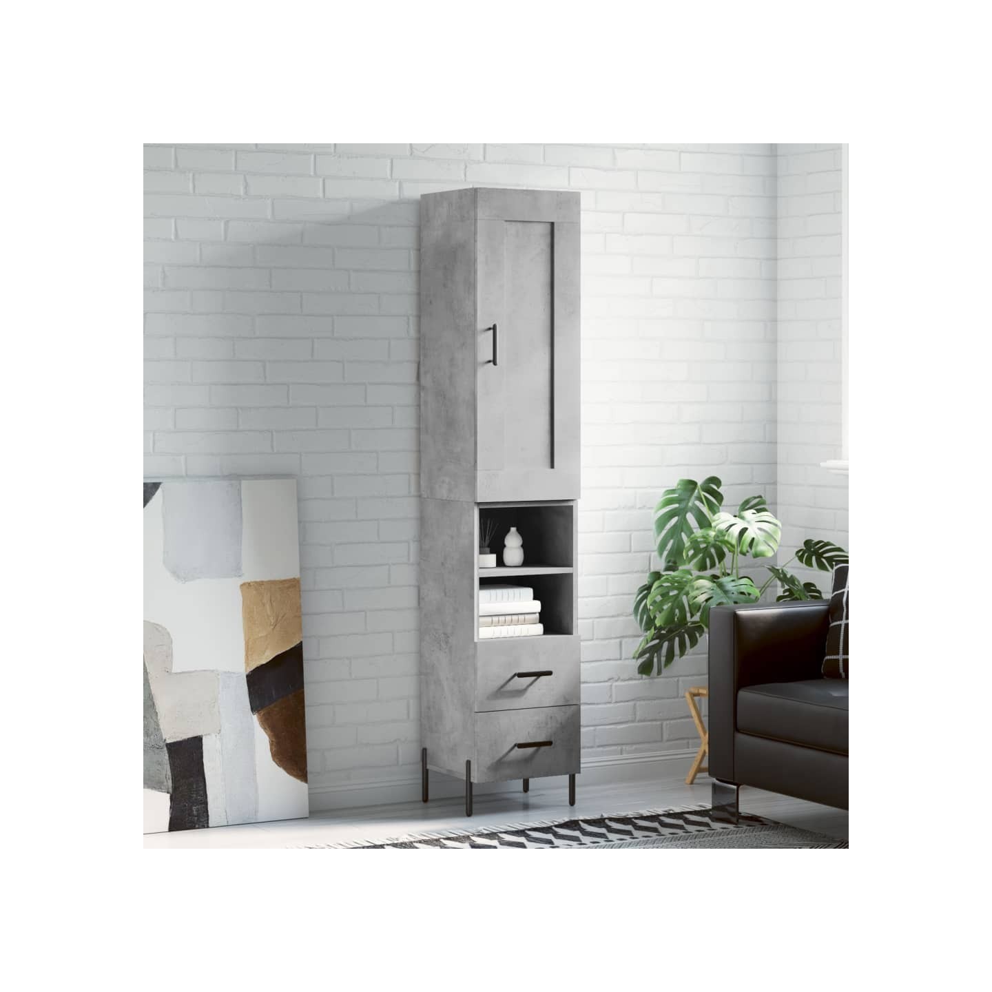 Buffet haut Gris béton 34,5x34x180 cm Bois d'ingénierie