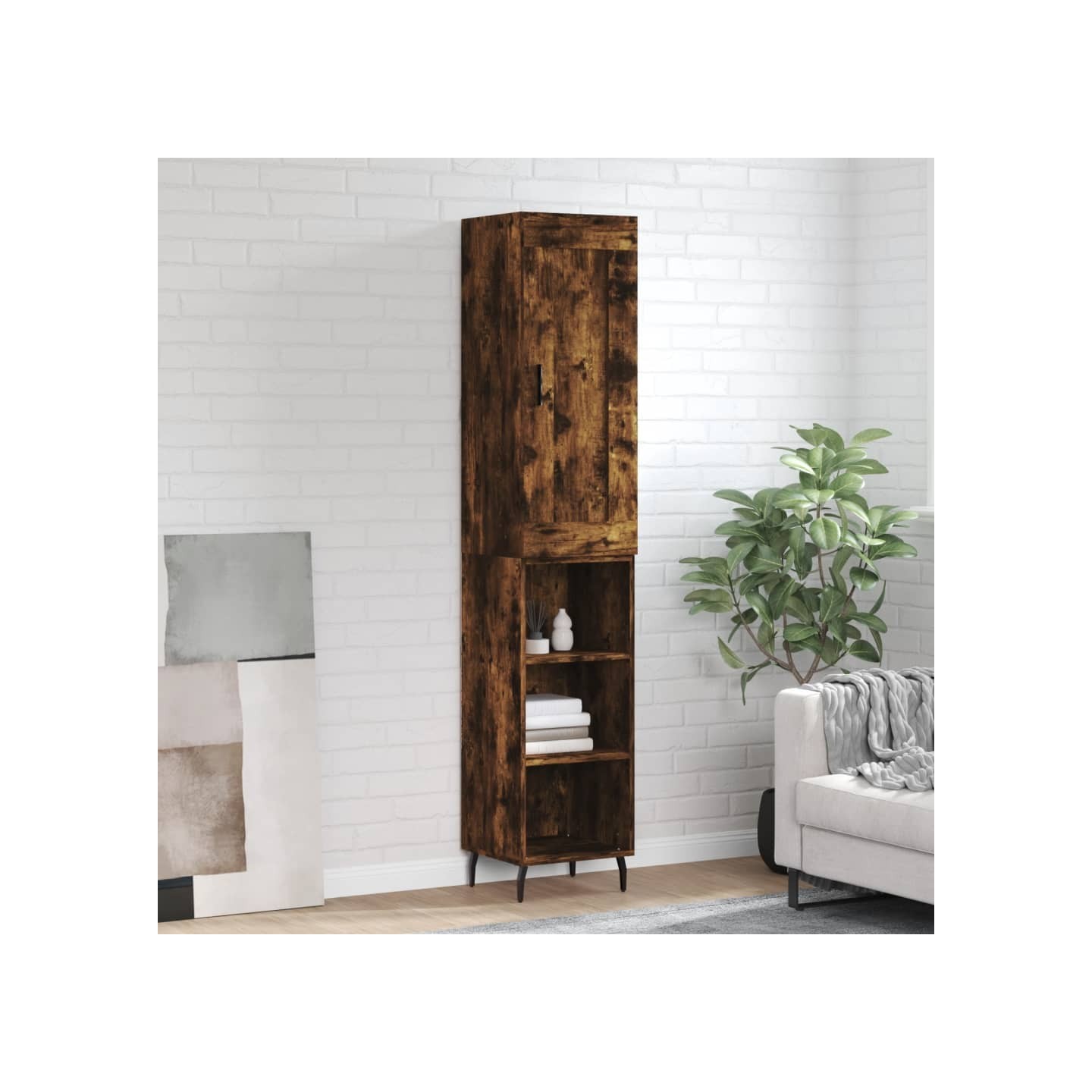 Buffet haut Chêne fumé 34,5x34x180 cm Bois d'ingénierie