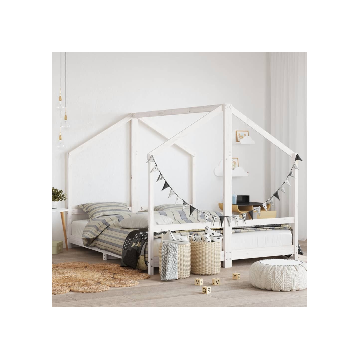 Cadre de lit d'enfant blanc 2x(80x200) cm bois de pin massif