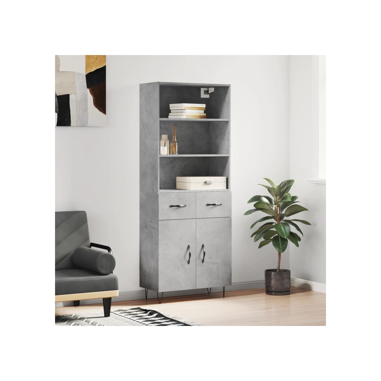 Buffet haut Gris béton 69,5x34x180 cm Bois d'ingénierie