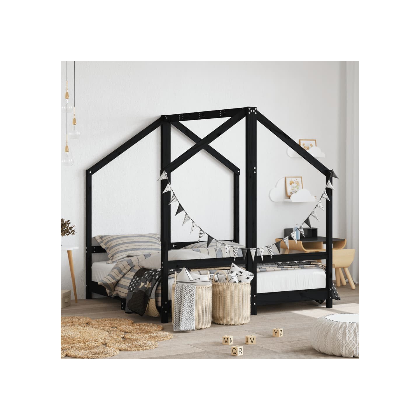 Cadre de lit pour enfant noir 2x(70x140) cm bois de pin massif