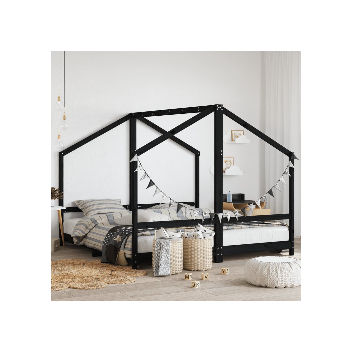 Cadre de lit pour enfants noir 2x(90x190) cm bois de pin massif