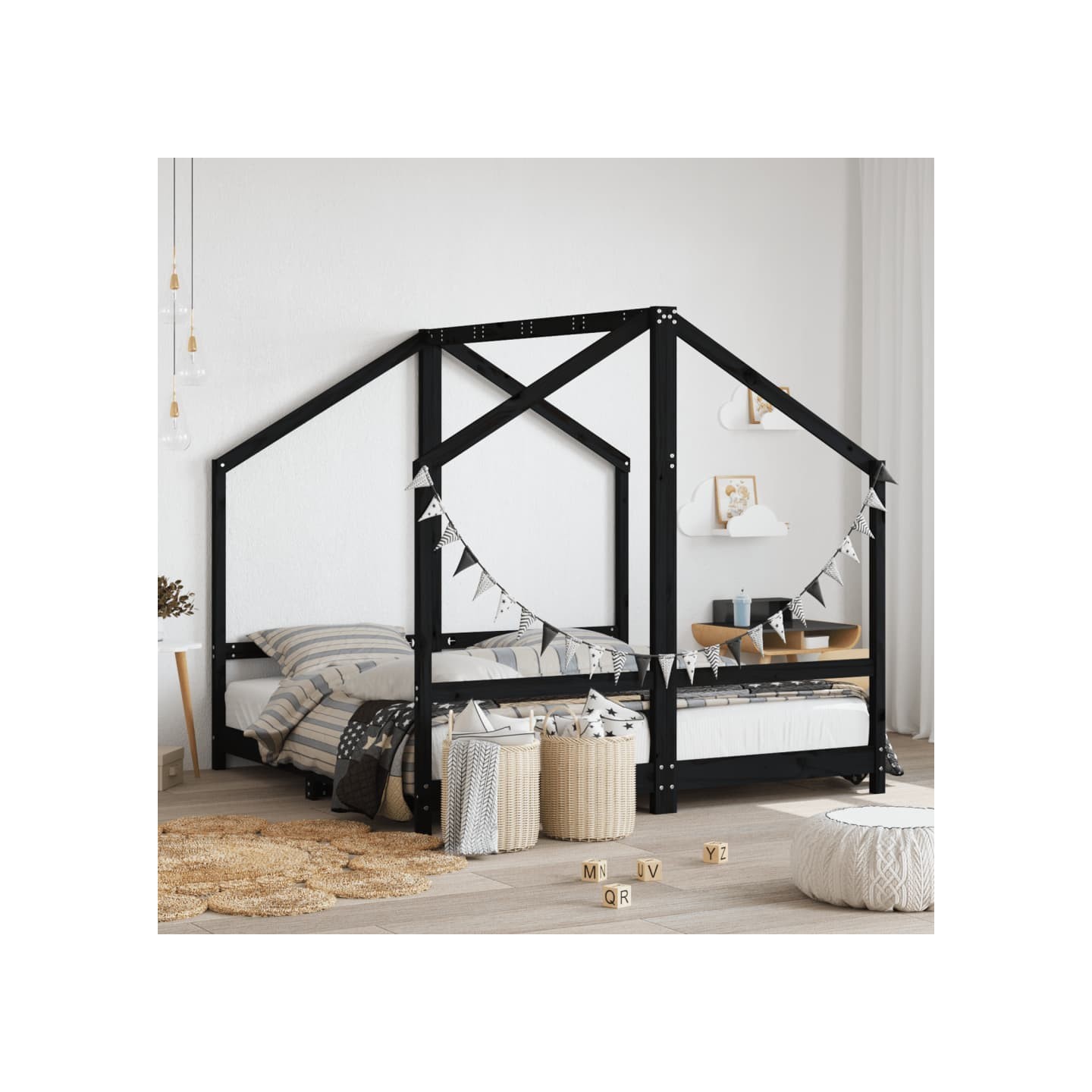 Cadre de lit pour enfant noir 2x(80x160) cm bois de pin massif