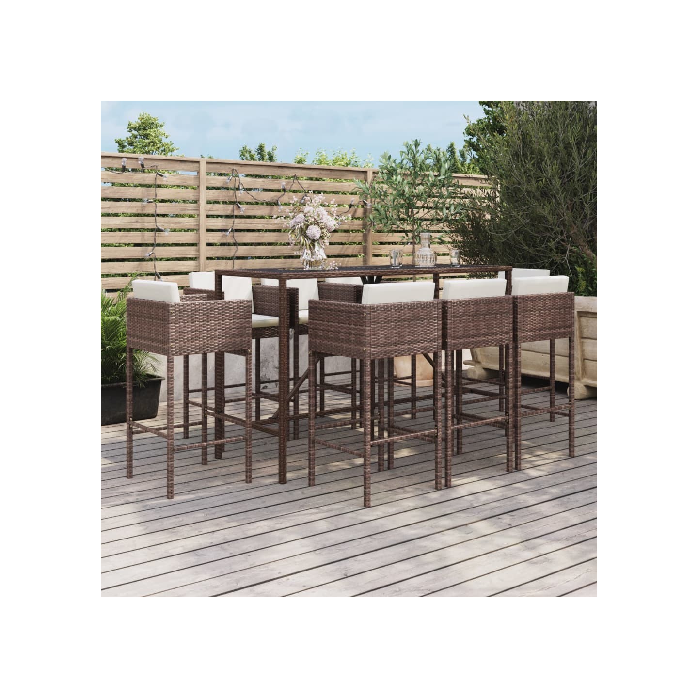 Ensemble de bar de jardin 9 pcs avec coussins marron poly rotin