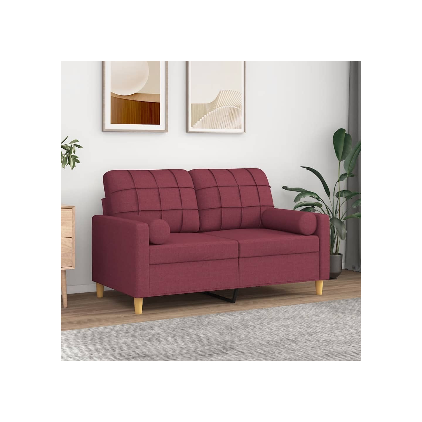 Canapé 2 places avec oreillers bordeaux 120 cm tissu