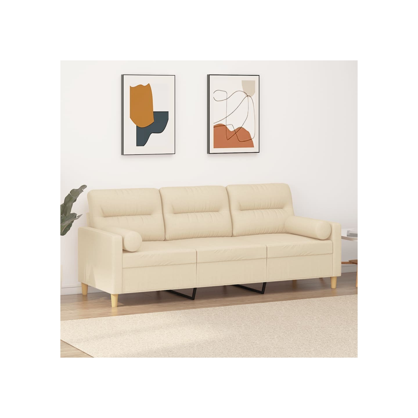 Canapé 3 places avec oreillers décoratifs crème 180 cm tissu
