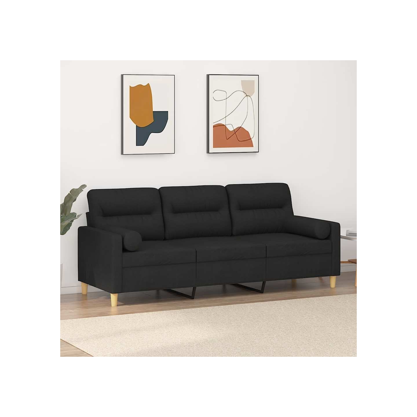 Canapé 3 places avec oreillers décoratifs noir 180 cm tissu