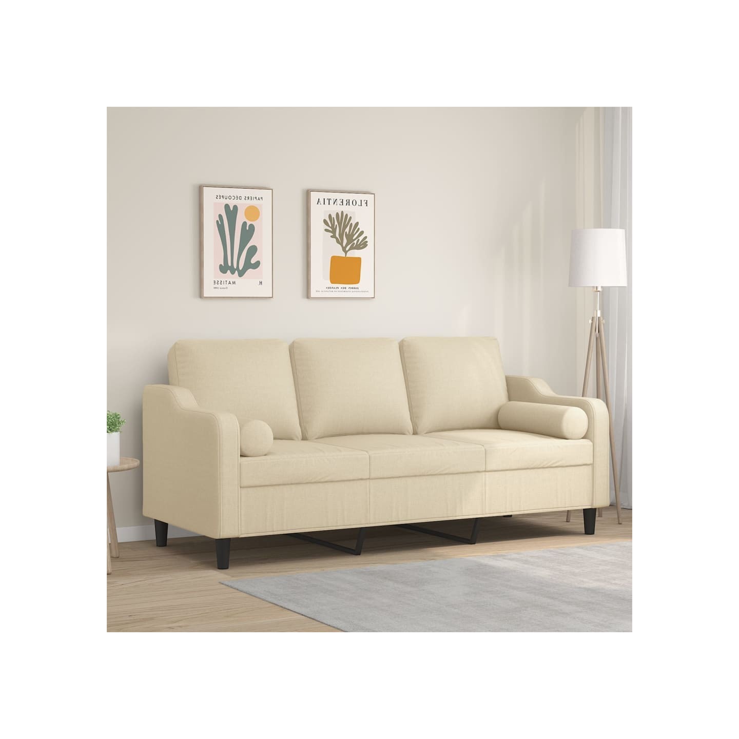 Canapé 3 places avec oreillers décoratifs crème 180 cm tissu
