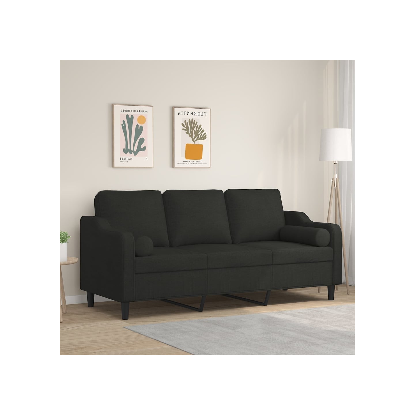 Canapé 3 places avec oreillers décoratifs noir 180 cm tissu