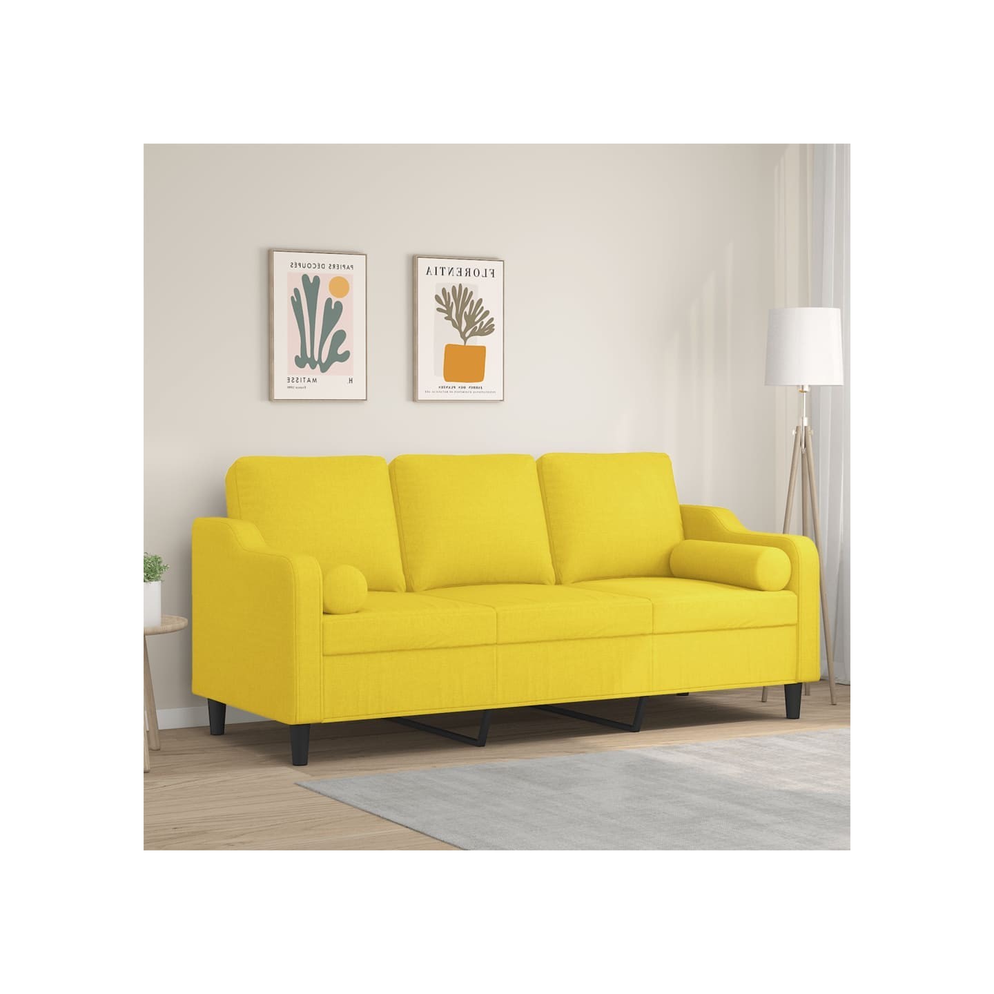 Canapé 3 places avec oreillers jaune clair 180 cm tissu
