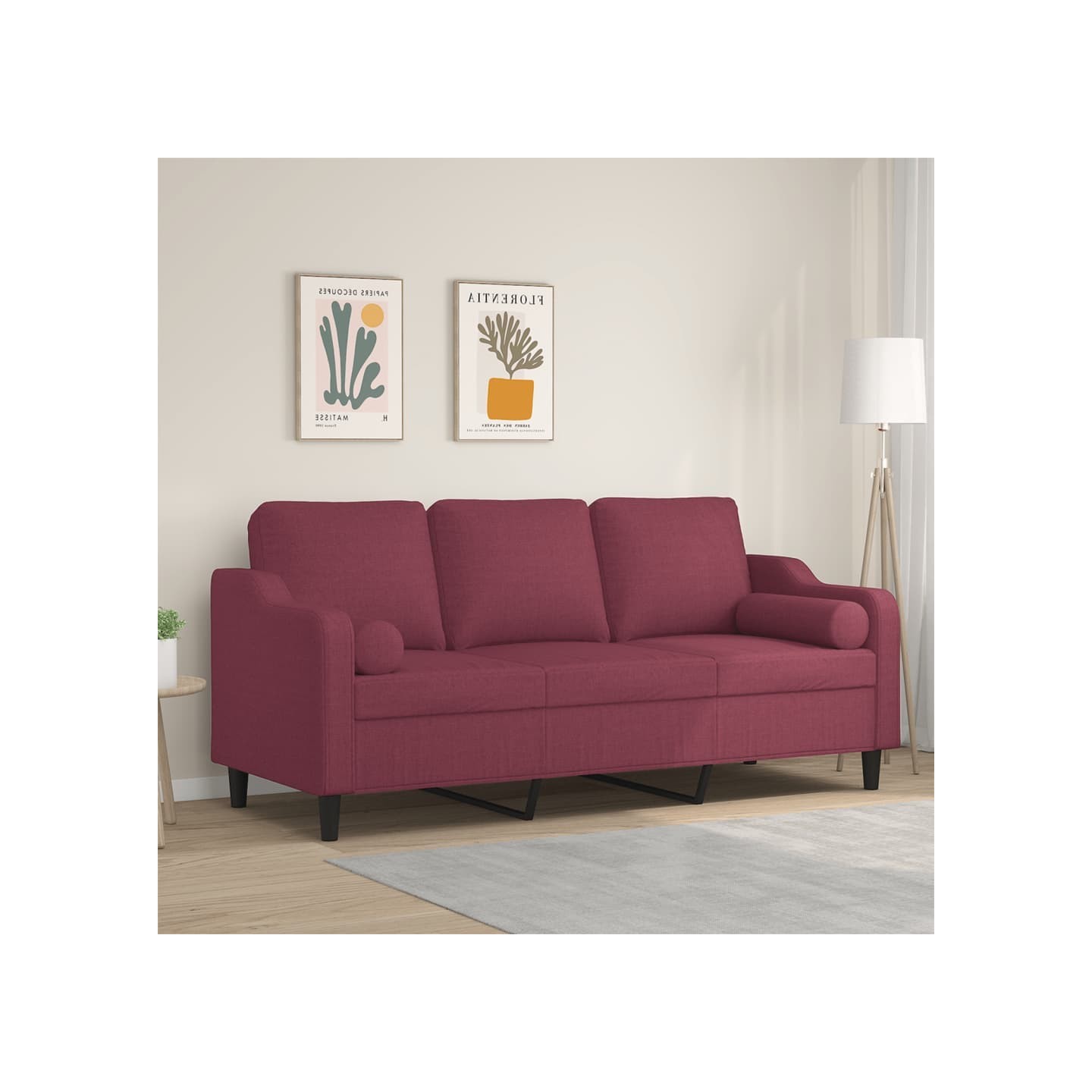 Canapé 3 places avec oreillers décoratifs bordeaux 180 cm tissu