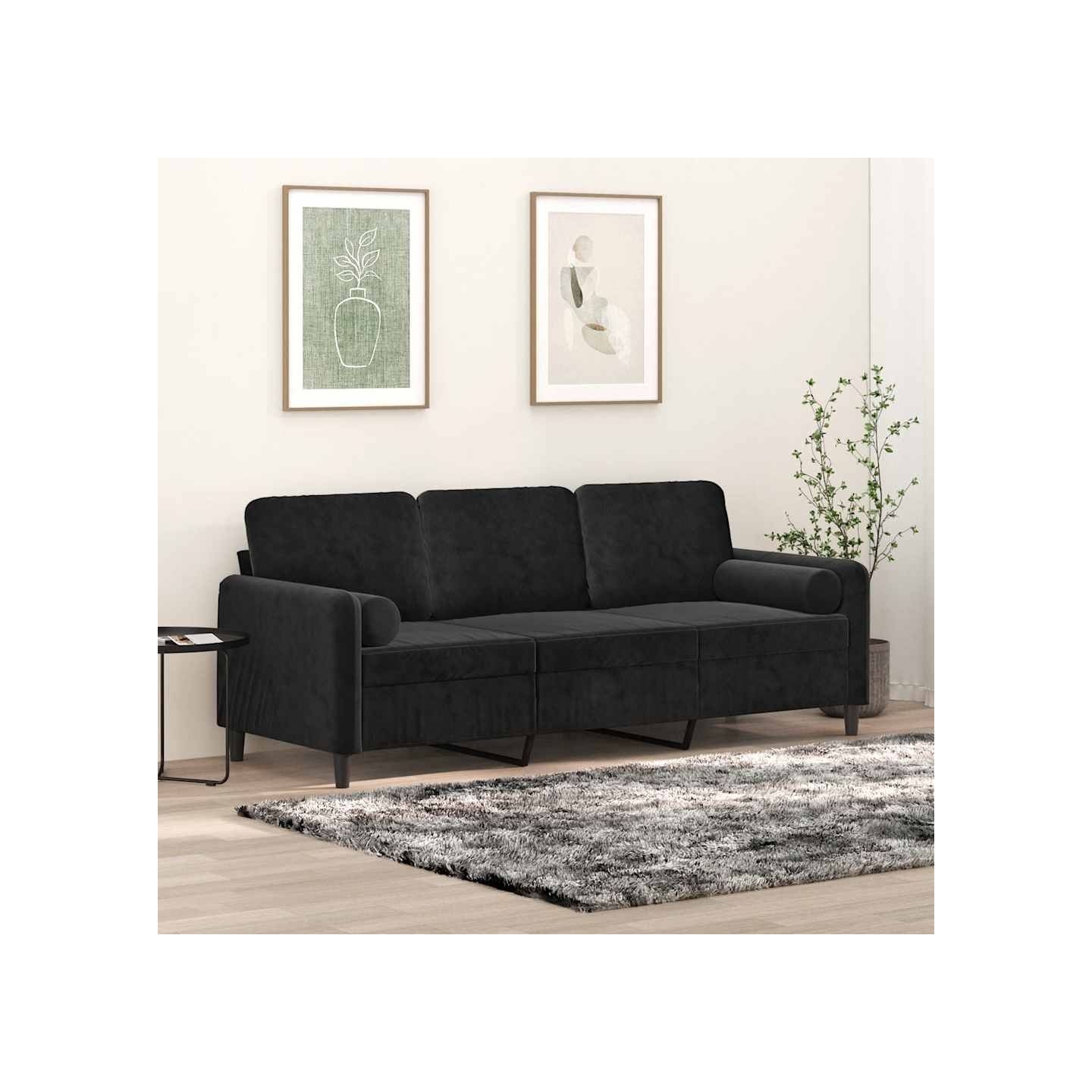 Canapé 3 places avec oreillers décoratifs noir 180 cm velours