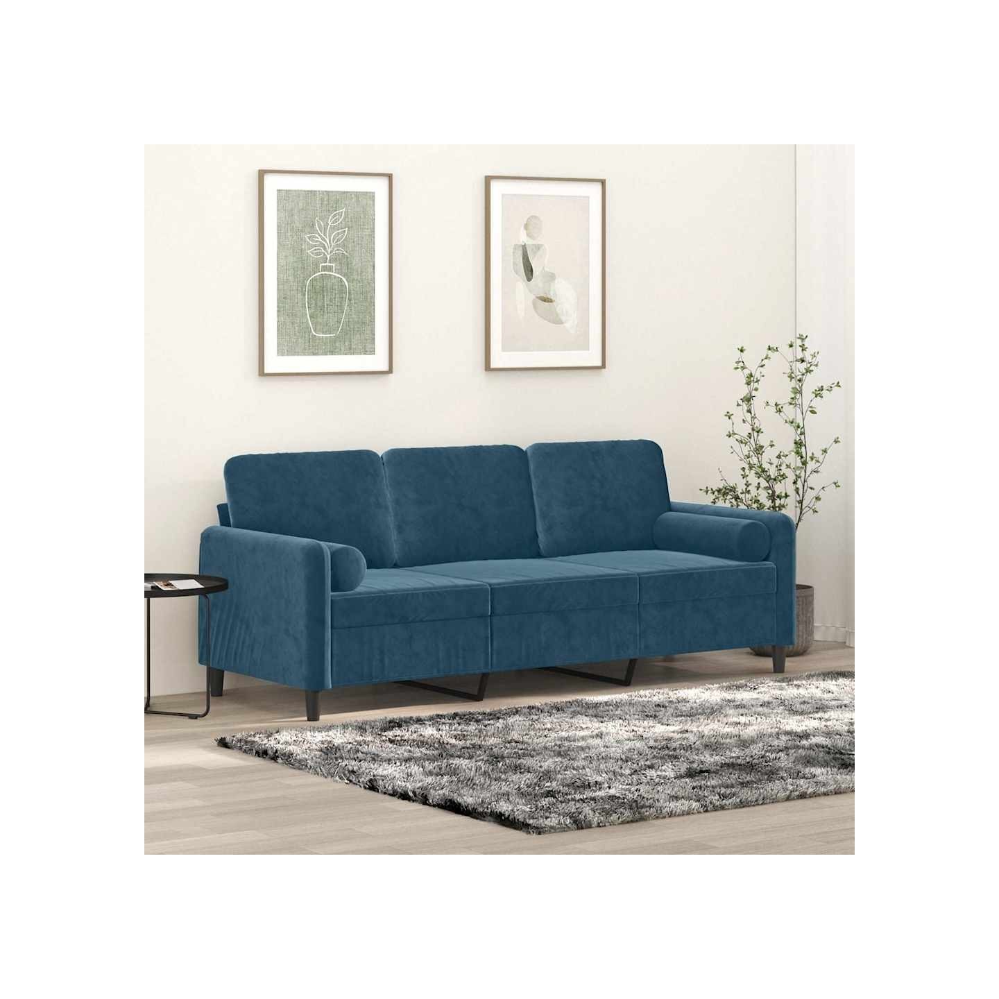 Canapé 3 places avec oreillers décoratifs bleu 180 cm velours