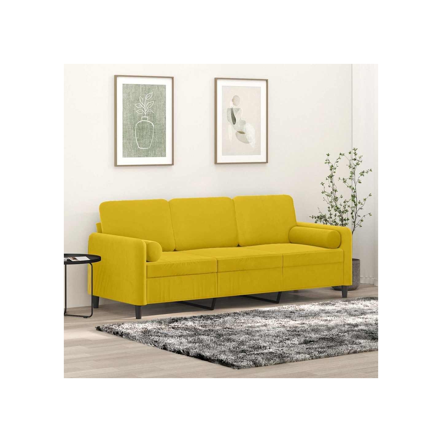 Canapé 3 places avec oreillers décoratifs jaune 180 cm velours