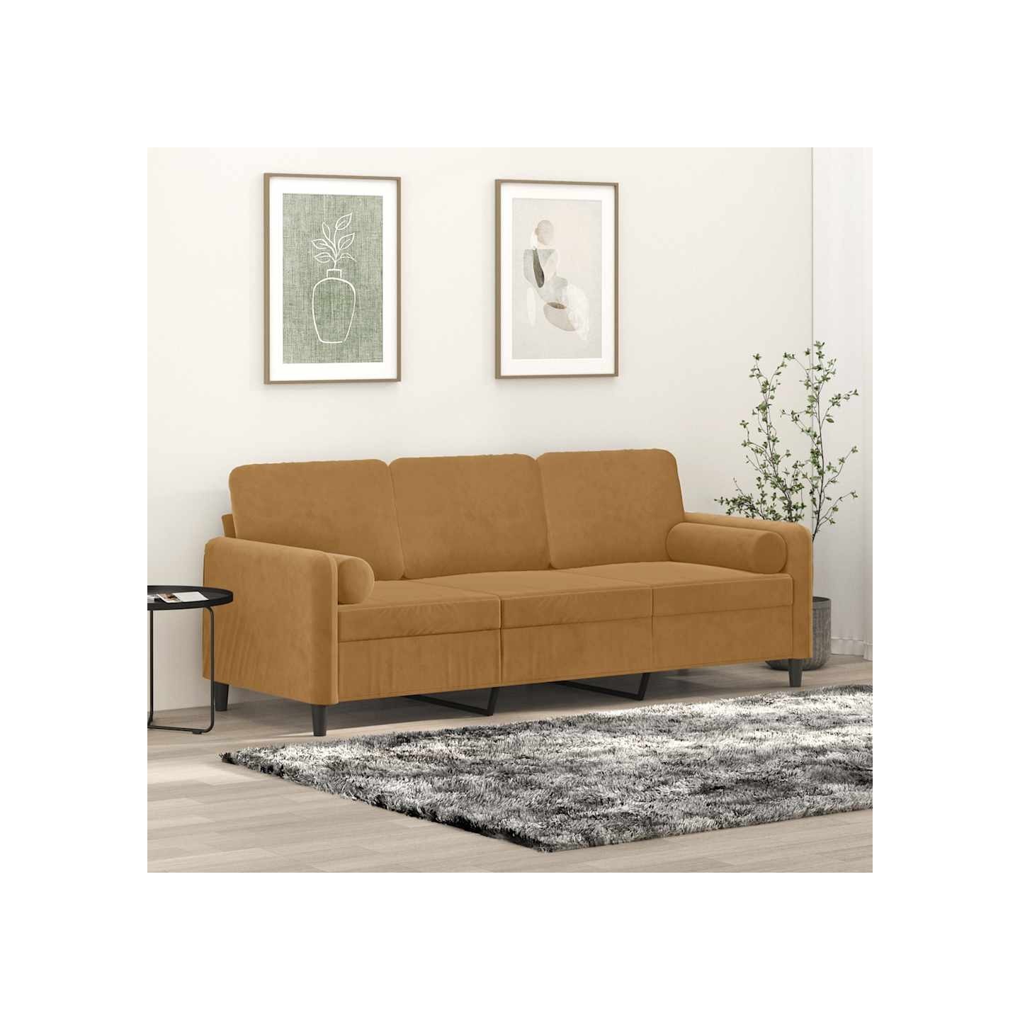 Canapé 3 places avec oreillers décoratifs marron 180 cm velours
