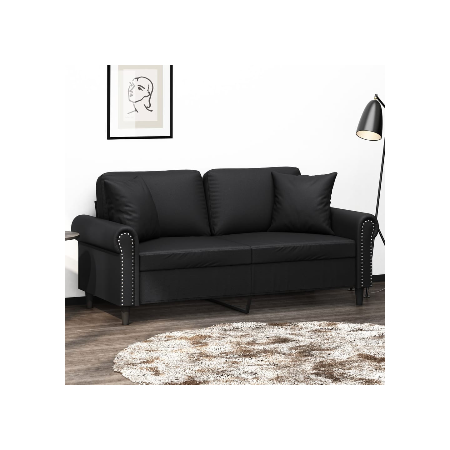 Canapé 2 places avec oreillers décoratifs noir 140cm similicuir