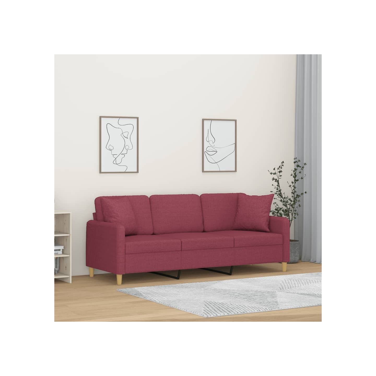 Canapé 3 places avec oreillers décoratifs bordeaux 180 cm tissu