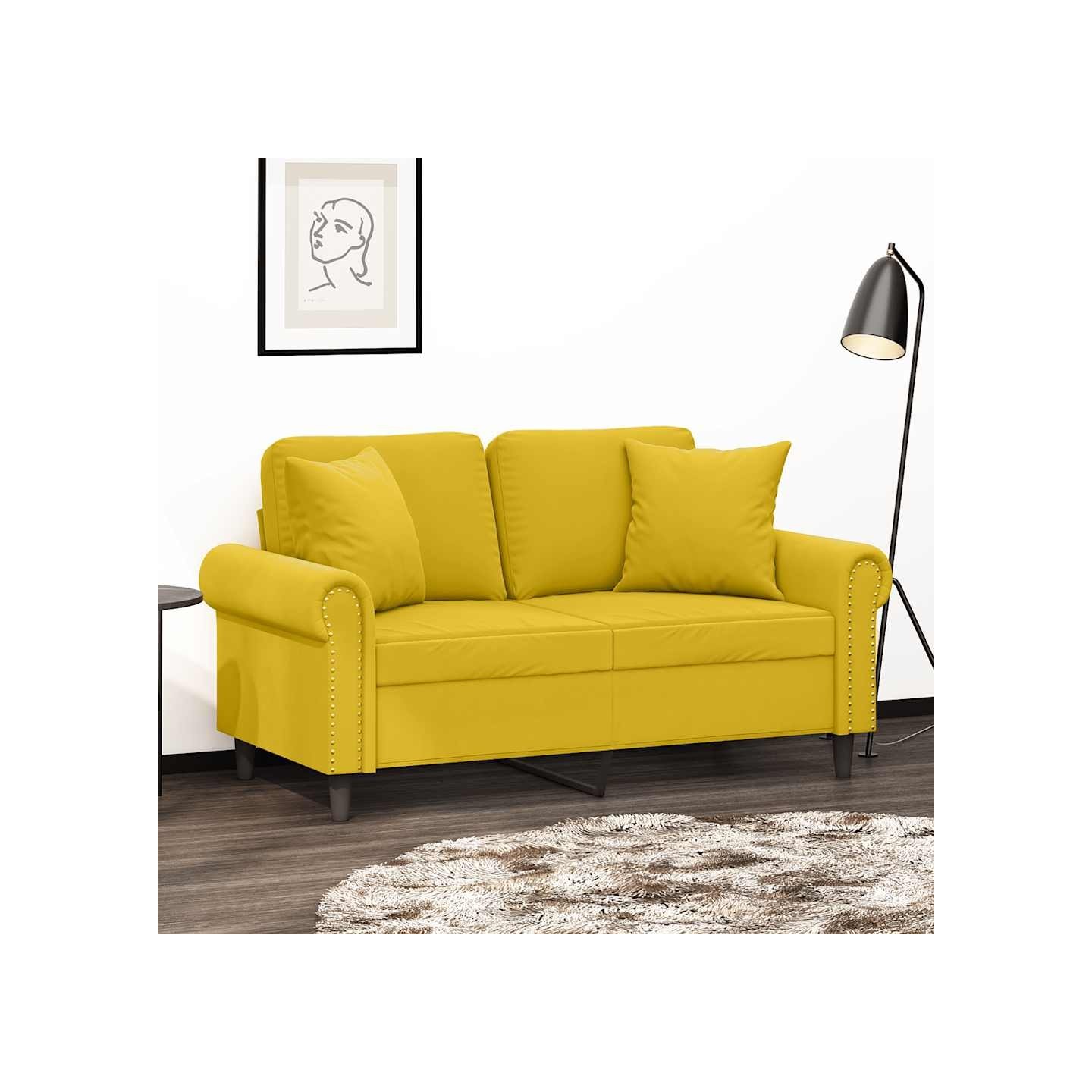 Canapé 2 places avec oreillers décoratifs jaune 120 cm velours