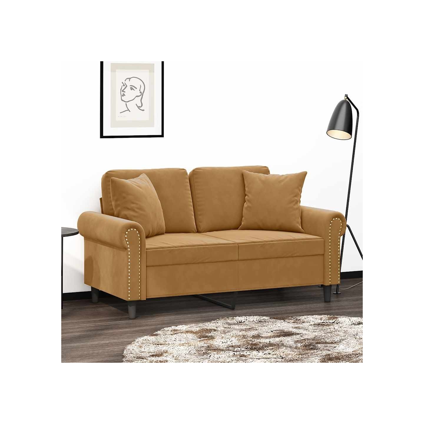Canapé 2 places avec oreillers décoratifs brun 120 cm velours