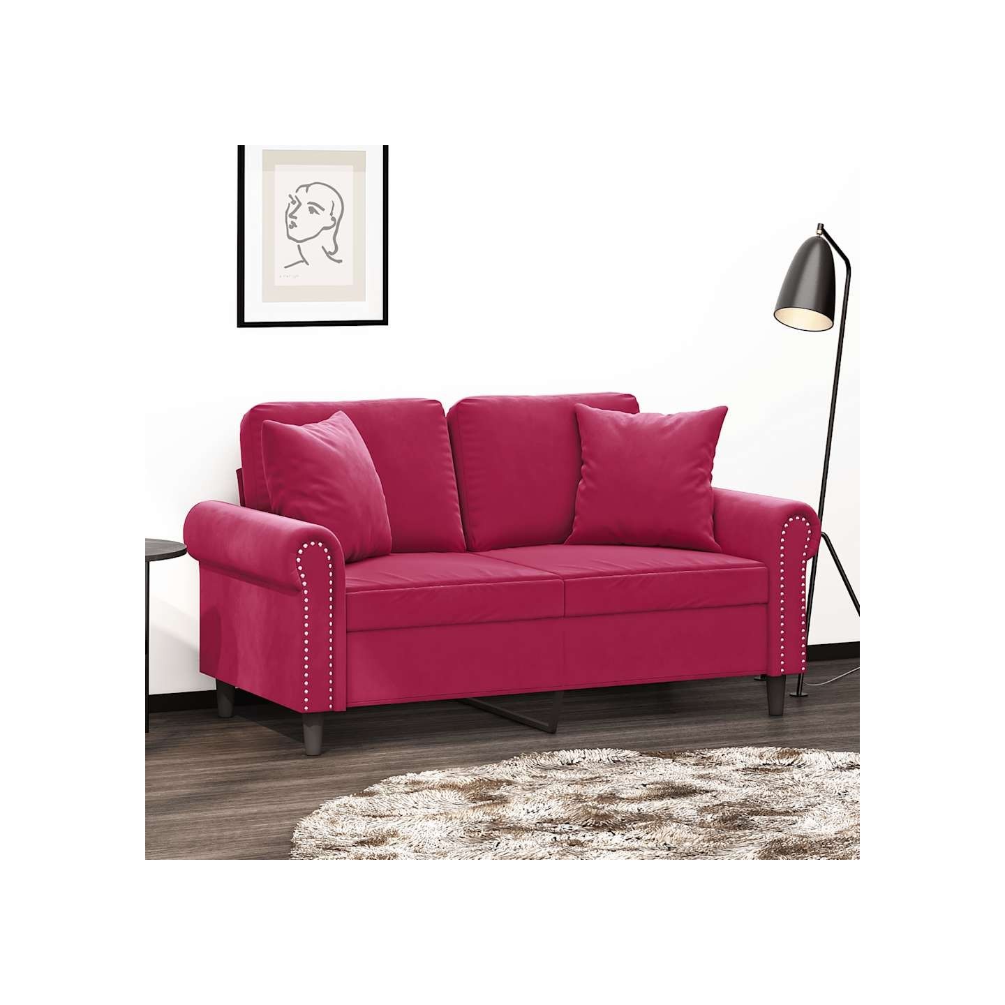 Canapé 2 places avec oreillers bordeaux 120 cm velours