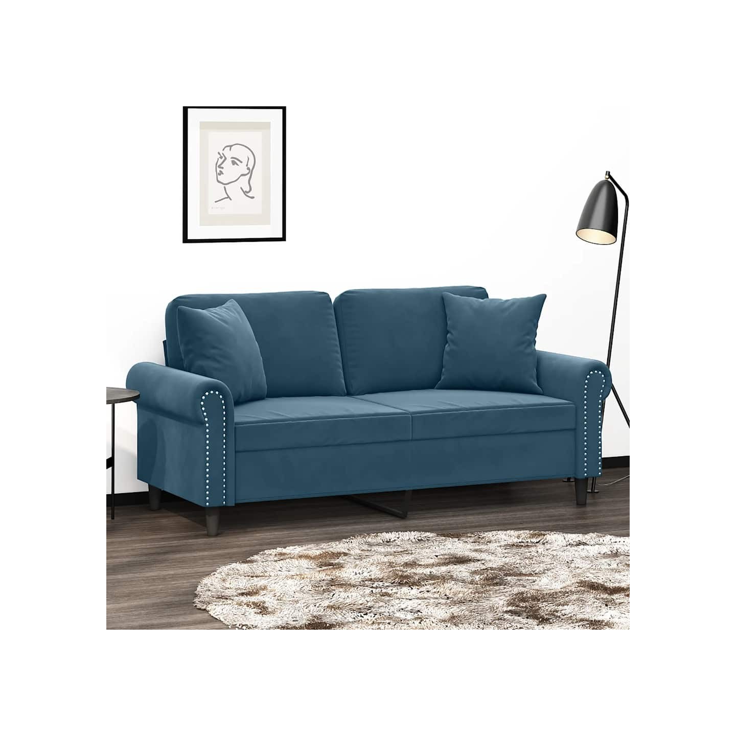 Canapé 2 places avec oreillers décoratifs bleu 140 cm velours