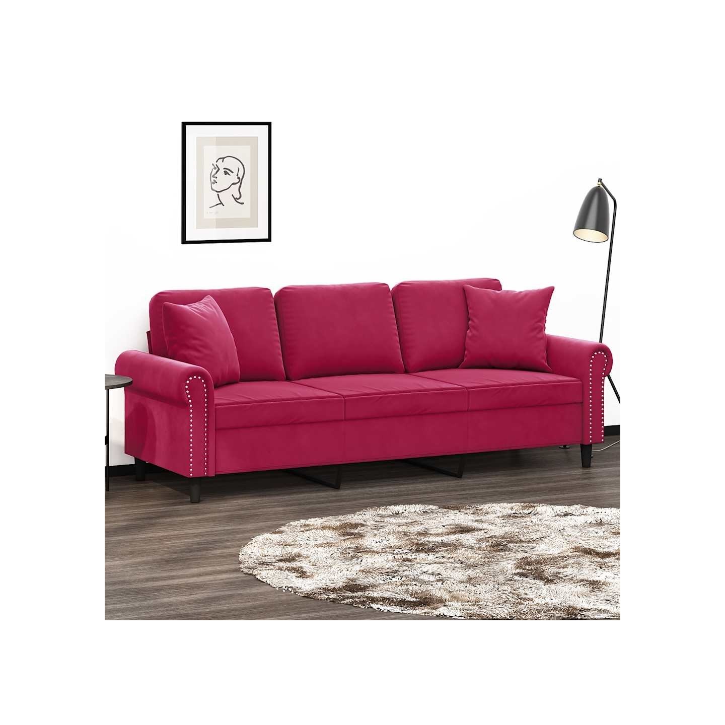 Canapé 3 places avec oreillers bordeaux 180 cm velours