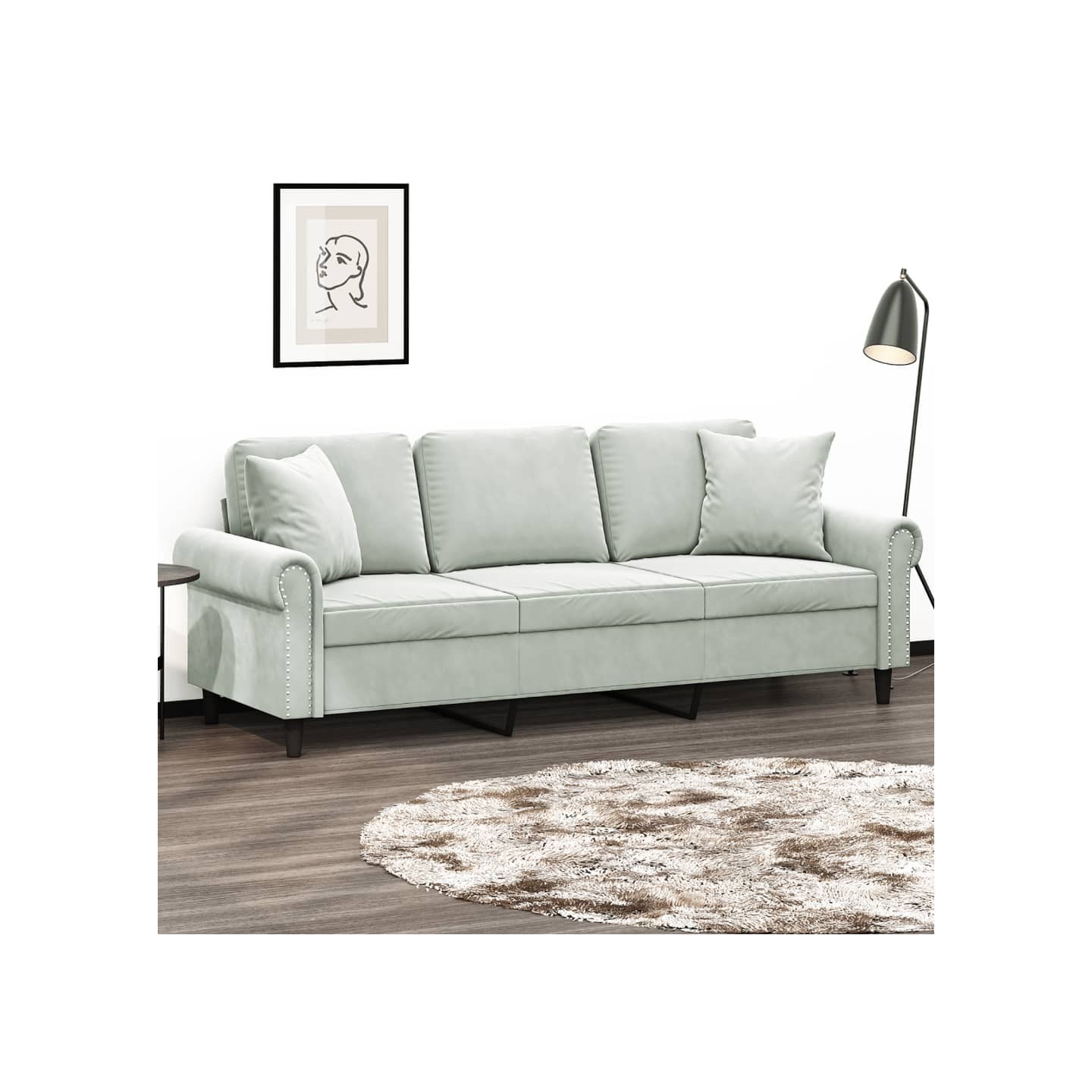 Canapé 3 places avec oreillers gris clair 180 cm velours