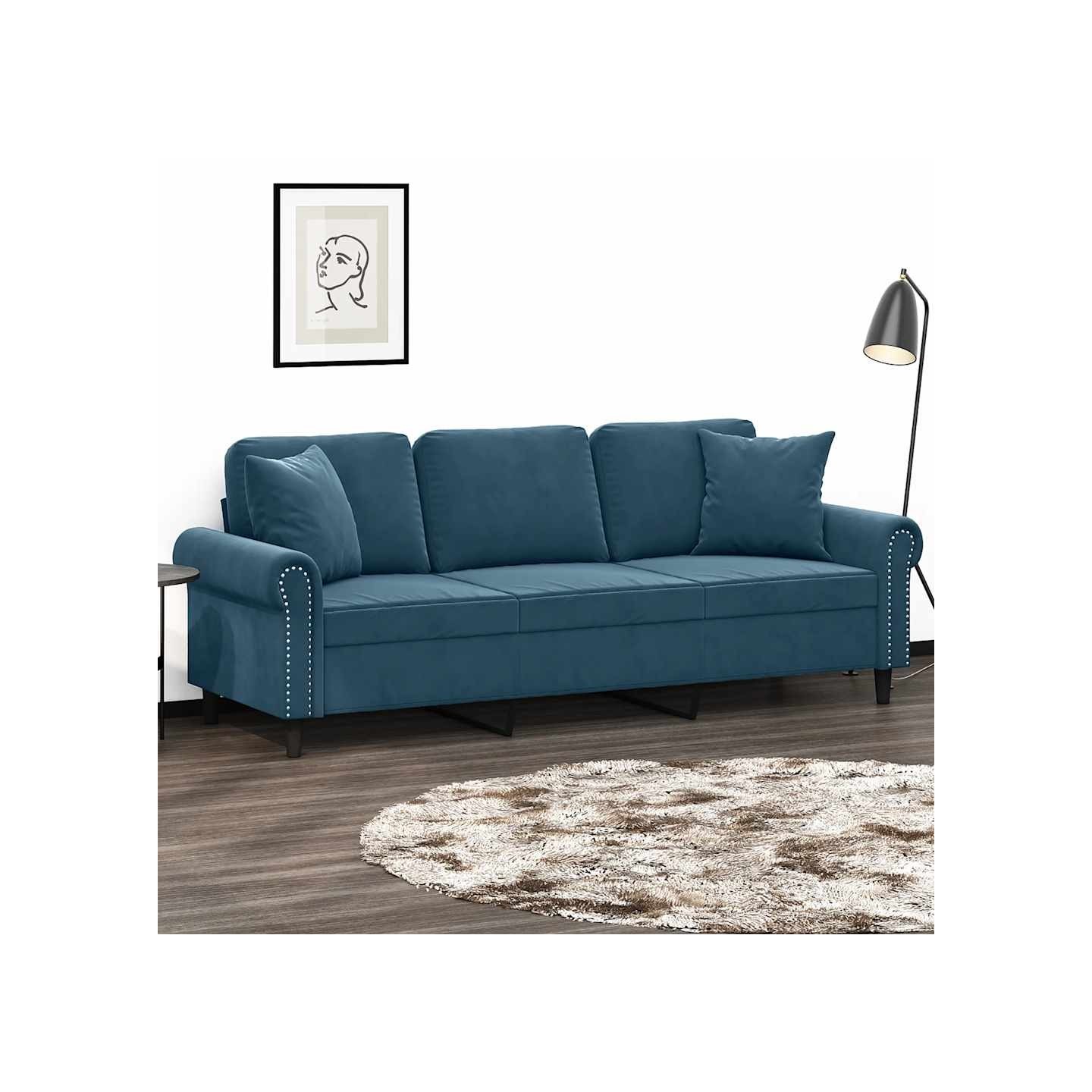 Canapé 3 places avec oreillers décoratifs bleu 180 cm velours