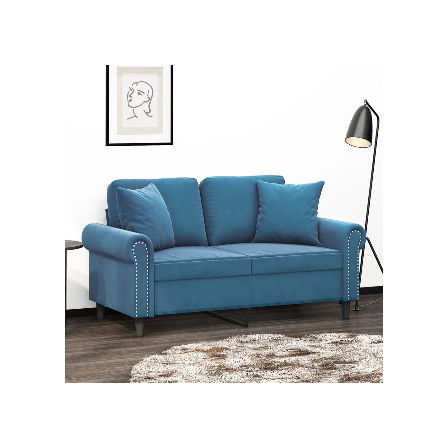 Canapé 2 places avec oreillers décoratifs bleu 120 cm velours