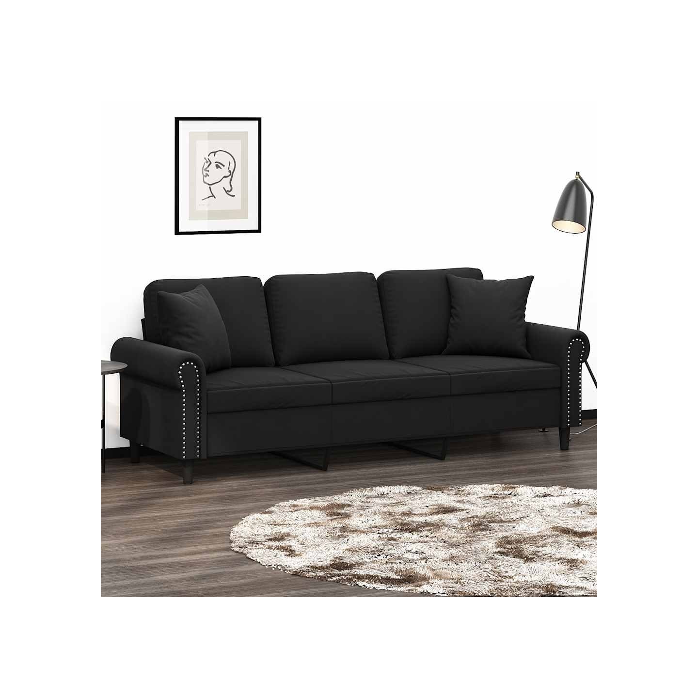 Canapé 3 places avec oreillers décoratifs noir 180 cm velours