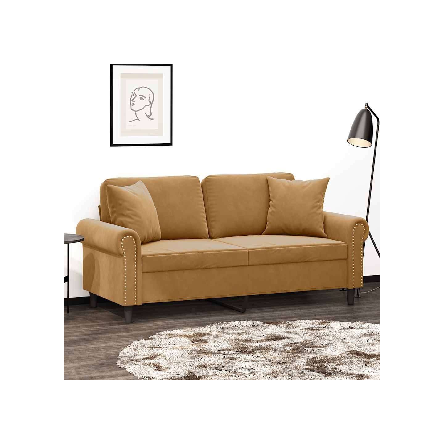 Canapé 2 places avec oreillers décoratifs brun 140 cm velours